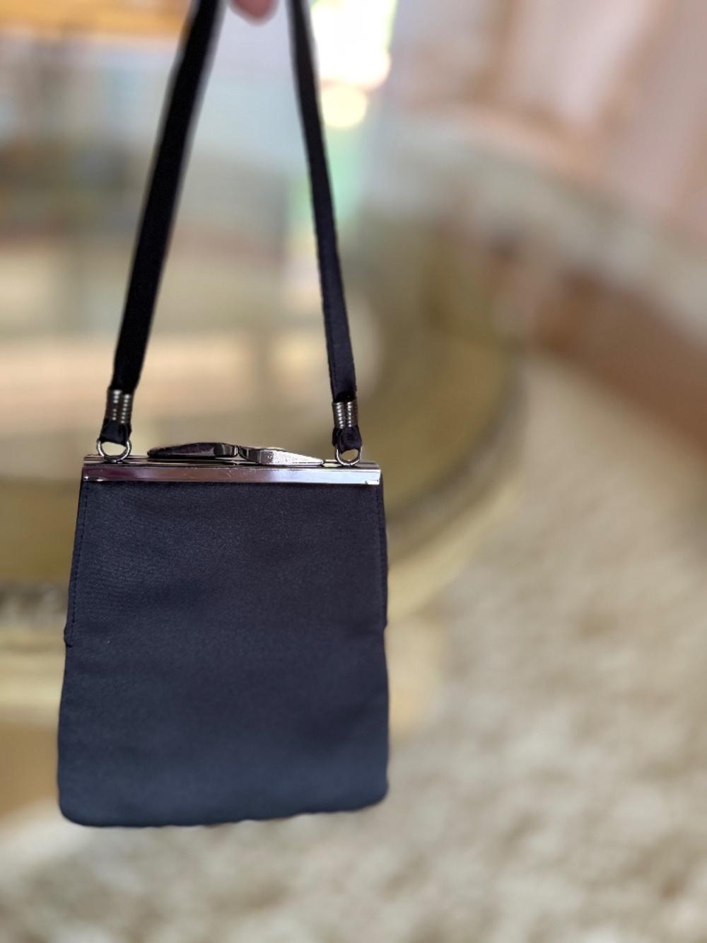 Vintage Satin Black Mini Evening Bag Chrome Hardware